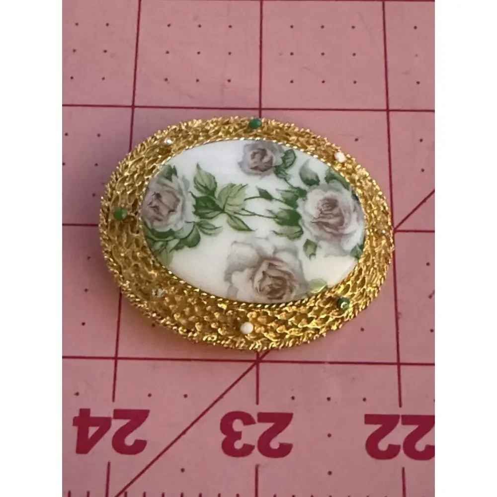 Vintage Alice Caviness Porcelain Rose Floral Rhinestone Gold Tone Brooch Signed